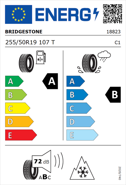 Tyre Label for Bridgestone Alenza Sport A/S 255/50R19 107T